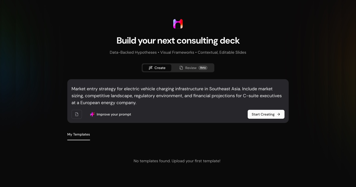 Marvin AI prompt interface showing a market entry strategy brief for consulting deck creation