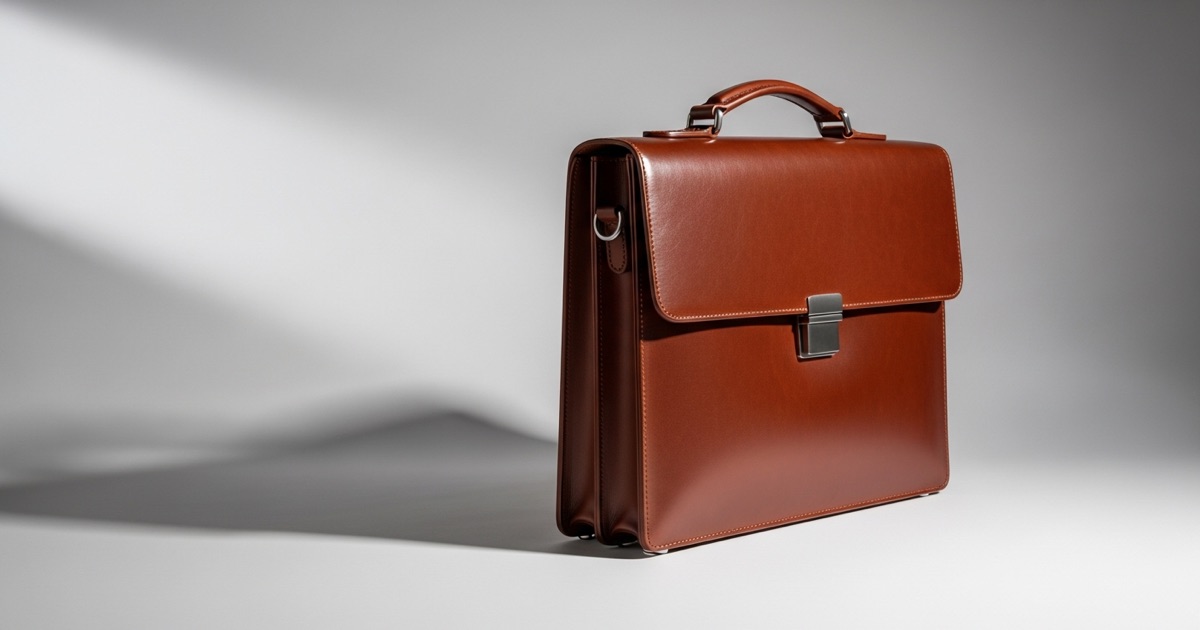 A polished leather briefcase on a light gray studio backdrop representing professional consulting tools