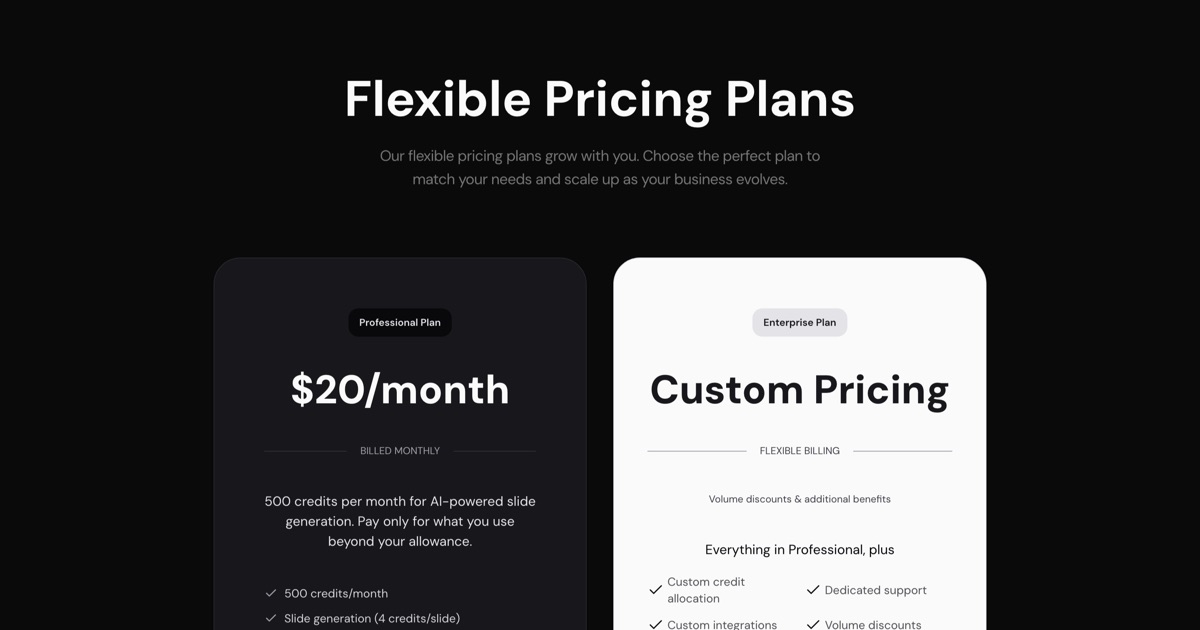 Marvin flexible pricing plans showing Professional at twenty dollars per month and Enterprise custom pricing tiers