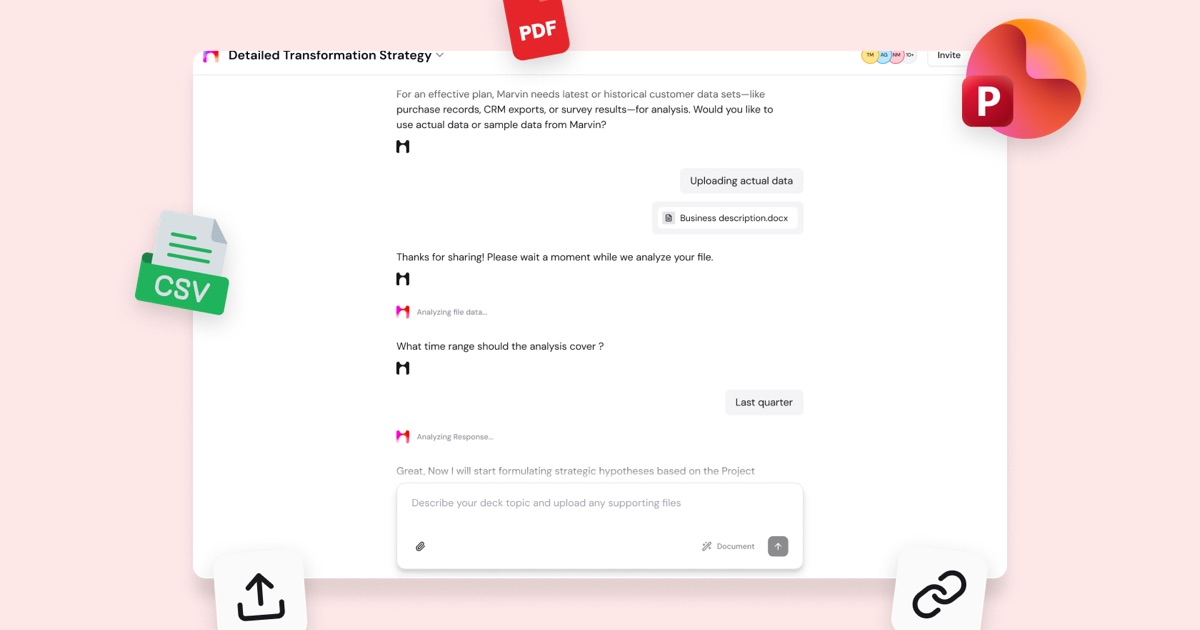 Marvin data upload conversation flow showing PDF, CSV, and PPTX file analysis for executive presentation creation