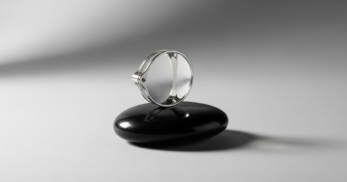 A glass magnifying loupe resting on polished stone against a light gray studio backdrop representing verification and accuracy